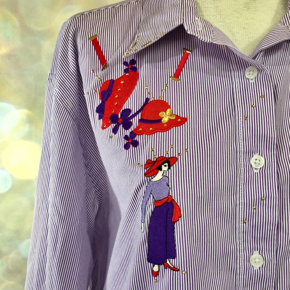 Purple Pin Stripe Shirt Red Hat Embroidered Shoes Long Sleeve